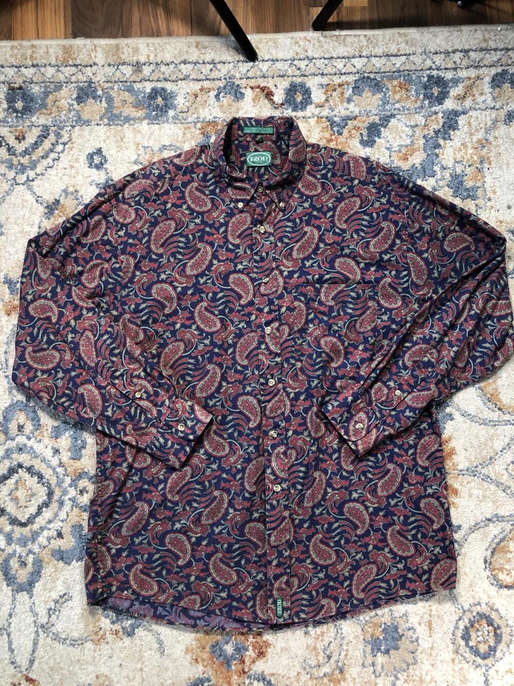 IZOD Shirt Mens L Blue Paisley Long Sleeve Button Down Cotton Casual Fall